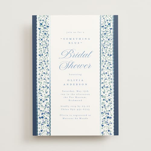 This is a cobalt bridal shower invitations with foil pressed by Gwen Bedat called blue printing on signature in standard