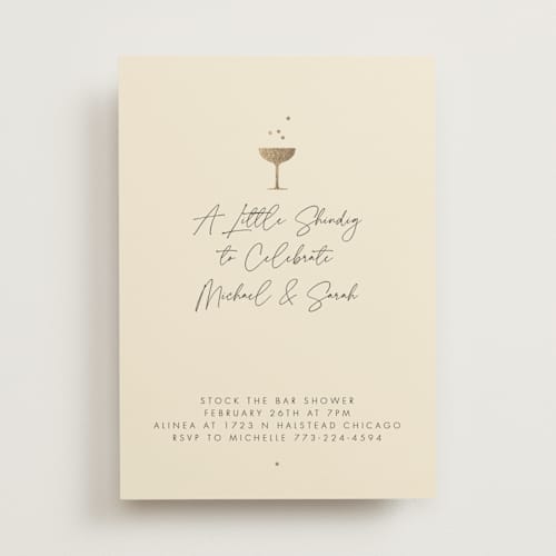 This is a champagne bridal shower invitations with foil pressed by mo kelley called a little shindig printing on signature in standard