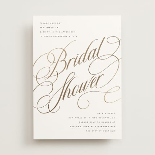 This is a snow bridal shower invitations with foil pressed by Stacy Maalouf called bridal shower script printing on signature in standard
