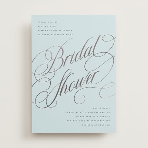 This is a sky bridal shower invitations with foil pressed by Stacy Maalouf called bridal shower script printing on signature in standard