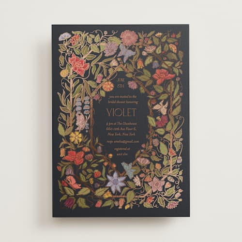 This is a navy bridal shower invitations with foil pressed by Simona Camp called radiant botany printing on signature in standard