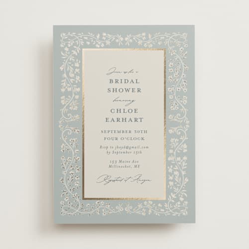 This is a something blue bridal shower invitations with foil pressed by Gwen Bedat called floral romance printing on signature in standard