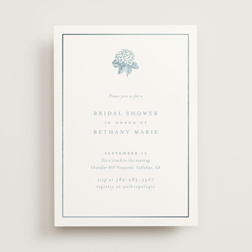 This is a seaside bridal shower invitations with foil pressed by Stacey Meacham called hydrangea bloom printing on signature in standard