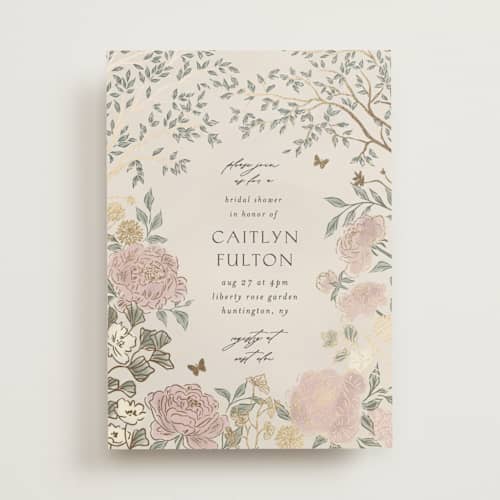This is a blush meadow bridal shower invitations with foil pressed by Grae called dancing in the garden printing on signature in standard