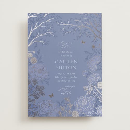 This is a evening periwinkle bridal shower invitations with foil pressed by Grae called dancing in the garden printing on signature in standard
