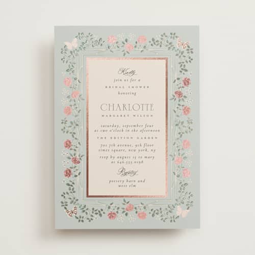 This is a antique sky bridal shower invitations with foil pressed by Ana de Sousa called parisian roses printing on signature in standard