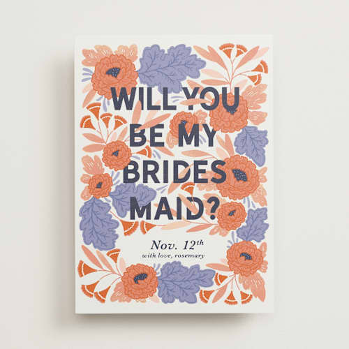 This is a peach will you be my bridesmaid cards with standard by Paper Raven Co. called midnight garden printing on signature in standard