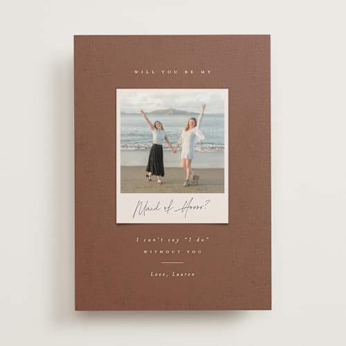 This is a rust will you be my bridesmaid cards with standard by Ekko Studio called patina printing on signature in standard
