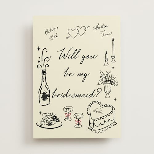 This is a champagne will you be my bridesmaid cards with standard by Helena Vitto called vintage lovers printing on signature in standard