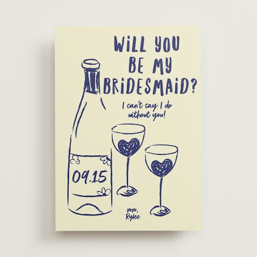 This is a denim will you be my bridesmaid cards with standard by Helena Vitto called heart of glass printing on signature in standard