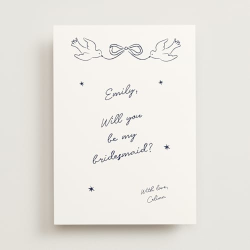 This is a navy will you be my bridesmaid cards with standard by Helena Vitto called the bird song printing on signature in standard