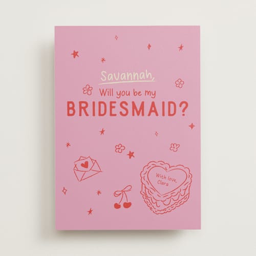 This is a pretty in pink will you be my bridesmaid cards with standard by Helena Vitto called dancing queen printing on signature in standard