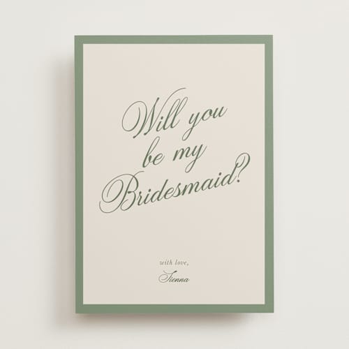 This is a olive will you be my bridesmaid cards with standard by Cass Loh called classic bold border printing on signature in standard