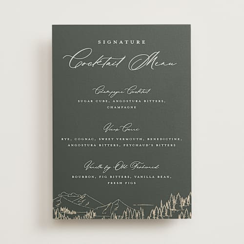This is a hunter wedding signs with standard by Sarah Brown called peaks printing on doublethick in 5x7
