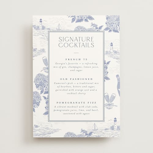 This is a periwinkle wedding signs with standard by Jenna Holcomb called coastal toile printing on doublethick in 5x7