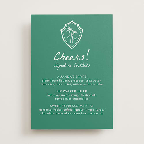 This is a palm wedding signs with standard by Erika Firm called palm tree crest printing on doublethick in 5x7