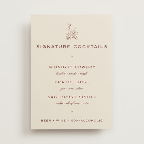 This is a rust wedding signs with standard by Ani Somi called rose ink printing on doublethick in 5x7
