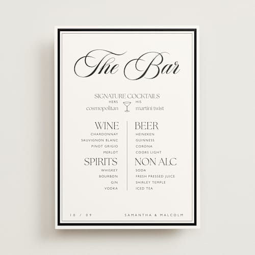 This is a midnight wedding signs with standard by Zani van Zyl called prohibition printing on doublethick in 5x7