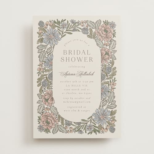 This is a hydrangea bridal shower invitations with standard by Jen Owens called bouquet wrap printing on signature in standard