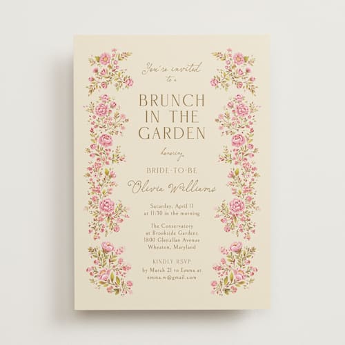 This is a cream bridal shower invitations with standard by Paola Benenati called in the garden printing on signature in standard