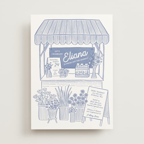 This is a bluebird bridal shower invitations with standard by Carolyn Kach called fresh off the market printing on signature in standard