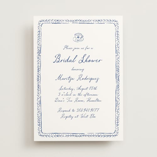 This is a cobalt bridal shower invitations with standard by Carmia Jordaan called tea cup doodle printing on signature in standard