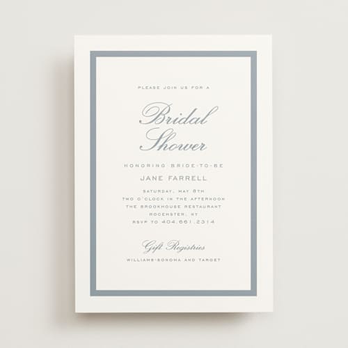 This is a provincial blue bridal shower invitations with standard by Stacey Meacham called prep club printing on signature in standard