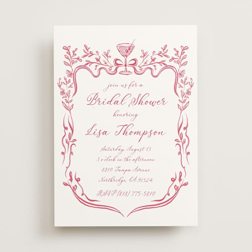 This is a cranberry bridal shower invitations with standard by Lucrecia Caporale called fun cocktails printing on signature in standard