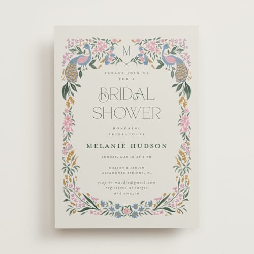 This is a peacock bridal shower invitations with standard by Vera Lim called paonne printing on signature in standard