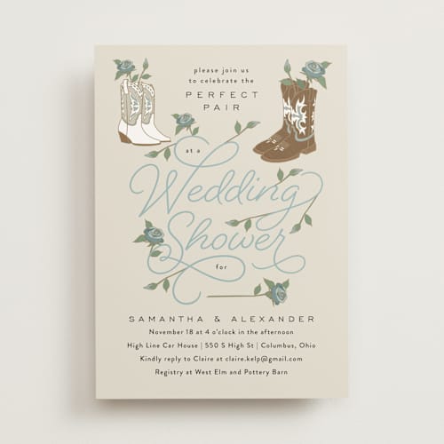 This is a denim bridal shower invitations with standard by Heather Schertzer called perfect pair printing on signature in standard