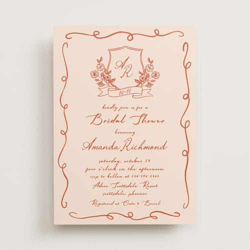 This is a peach bridal shower invitations with standard by Sherley Ferreira called bridal crest printing on signature in standard