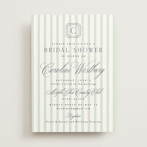 This is a honeydew bridal shower invitations with standard by Erin German called preppy printing on signature in standard