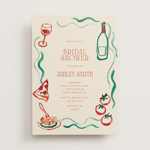 This is a tomato bridal shower invitations with standard by Cass Loh called amore e cibo printing on signature in standard