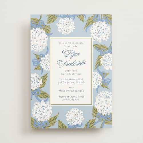 This is a blue bell bridal shower invitations with standard by Jackie Crawford called hydrangea bow bouquets printing on signature in standard
