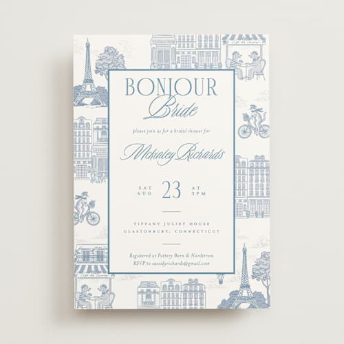 This is a provincial bridal shower invitations with standard by Jenna Holcomb called bonjour toile printing on signature in standard