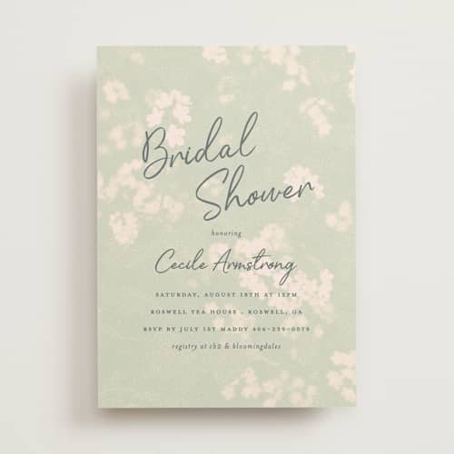 This is a celadon bridal shower invitations with standard by Morgan Kendall called vintage florals printing on signature in standard
