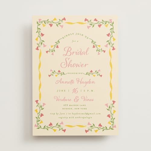 This is a golden bridal shower invitations with standard by Sarah Rosenthal called gardenia printing on signature in standard