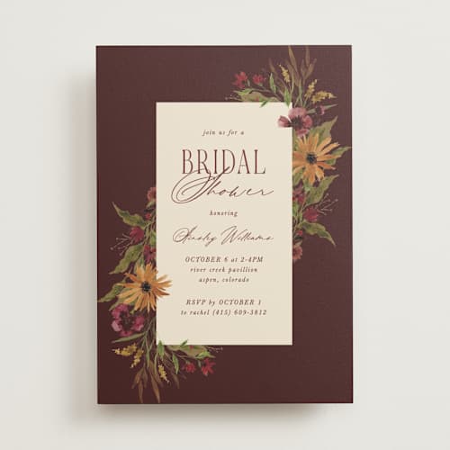 This is a burgundy bridal shower invitations with standard by Kate Ahn called susie printing on signature in standard