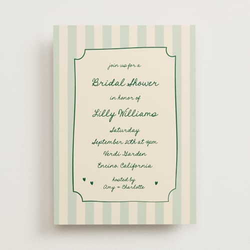 This is a mint bridal shower invitations with standard by Ani Somi called charming in stripes printing on signature in standard