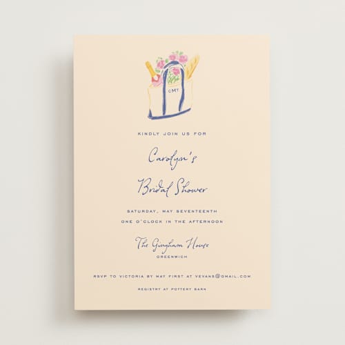 This is a cobalt bridal shower invitations with standard by Sarah Rosenthal called out east printing on signature in standard