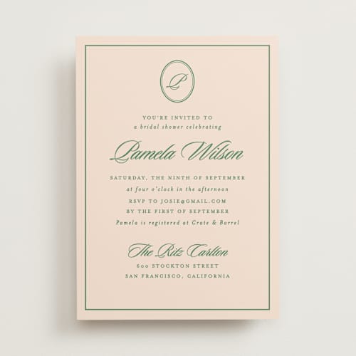 This is a emerald bridal shower invitations with standard by Creo Study called scripted printing on signature in standard