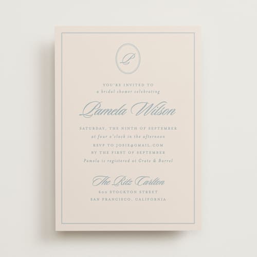 This is a powder bridal shower invitations with standard by Creo Study called scripted printing on signature in standard