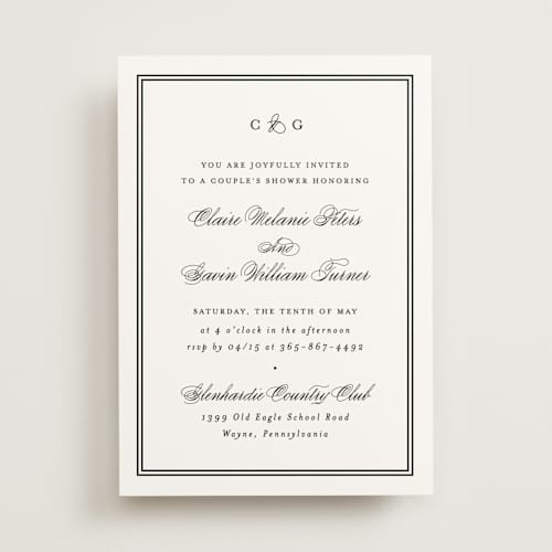 This is a tuxedo bridal shower invitations with standard by Carolyn MacLaren called timeless together printing on signature in standard