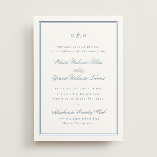 This is a french blue bridal shower invitations with standard by Carolyn MacLaren called timeless together printing on signature in standard