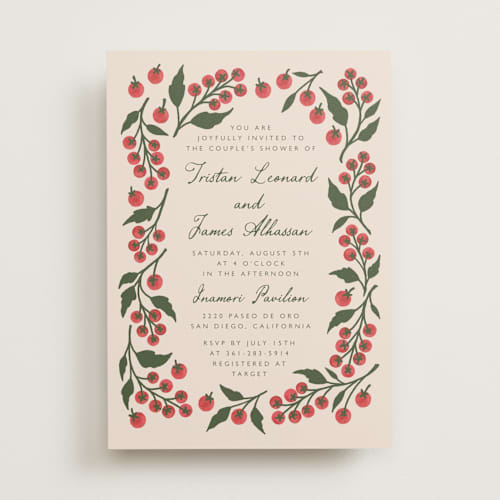 This is a tomato bridal shower invitations with standard by Katharine Watson called cherry tomatoes printing on signature in standard