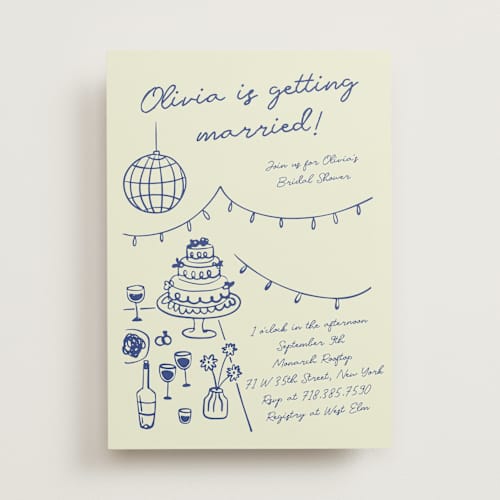 This is a disco blue bridal shower invitations with standard by Zove Ahhh called party on! printing on signature in standard
