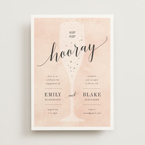 This is a champagne engagement party invitations with foil pressed by Kelly Schmidt called sip sip hooray printing on signature in standard