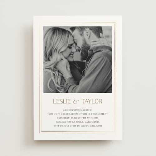 This is a chiffon engagement party invitations with foil pressed by Cass Loh called gilded frame printing on signature in standard