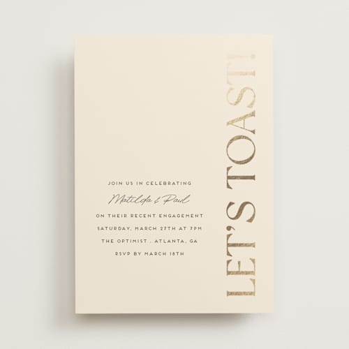 This is a almond engagement party invitations with foil pressed by Morgan Kendall called champagne printing on signature in standard