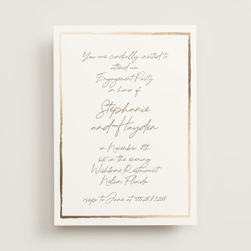 This is a champagne engagement party invitations with foil pressed by Cass Loh called gilded frame printing on signature in standard